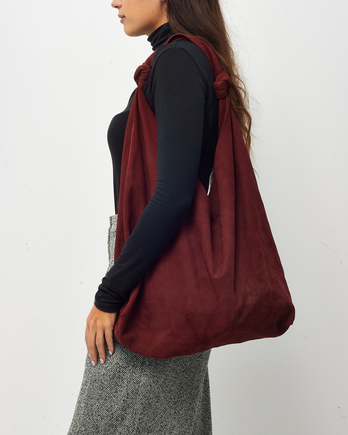 The Row Burgundy Suede Double Knot Bindle Hobo Shoulder Bag