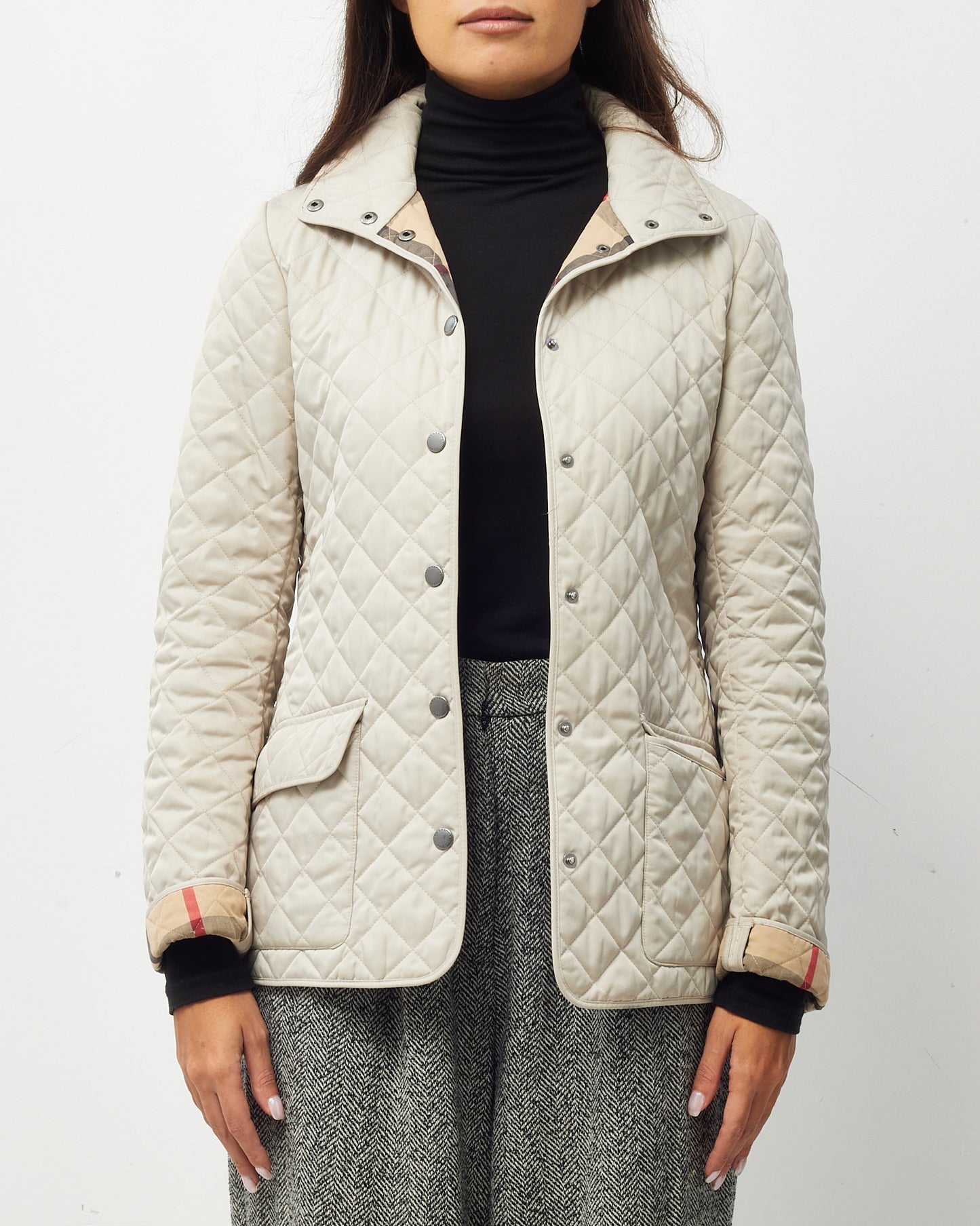 Burberry Brit Beige Padded Quilted Button Up Jacket - XS