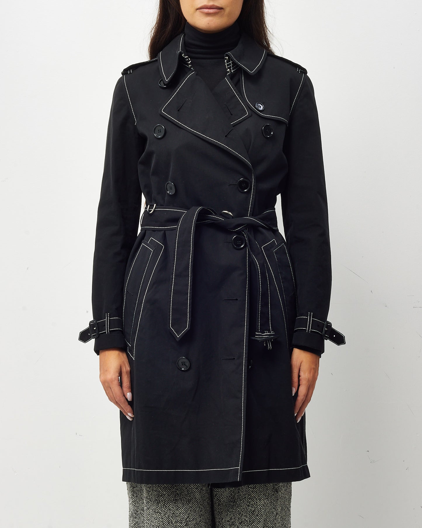 Burberry Black and White Topstitched Tropical Gabardine Belted Trench Coat - US 2