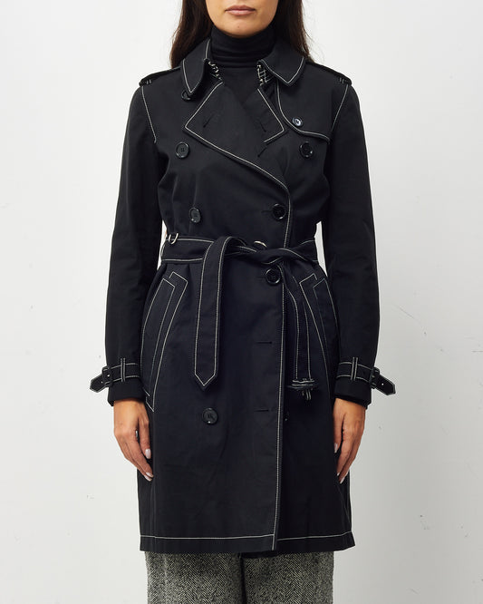 Burberry Black and White Topstitched Tropical Gabardine Belted Trench Coat - US 2