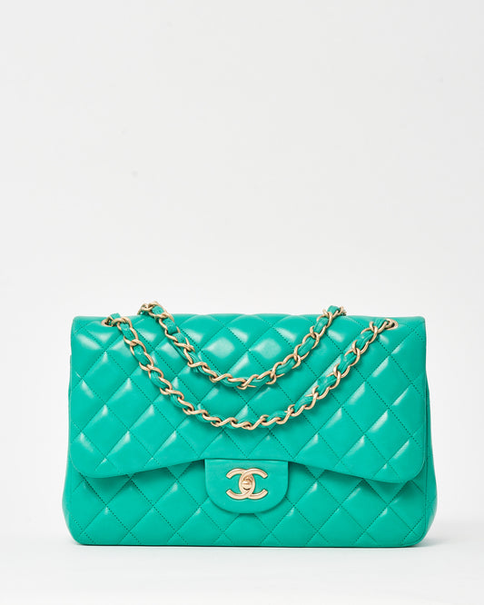 Chanel Turquoise Green Quilted Lambskin Leather Jumbo Double Flap Bag GHW
