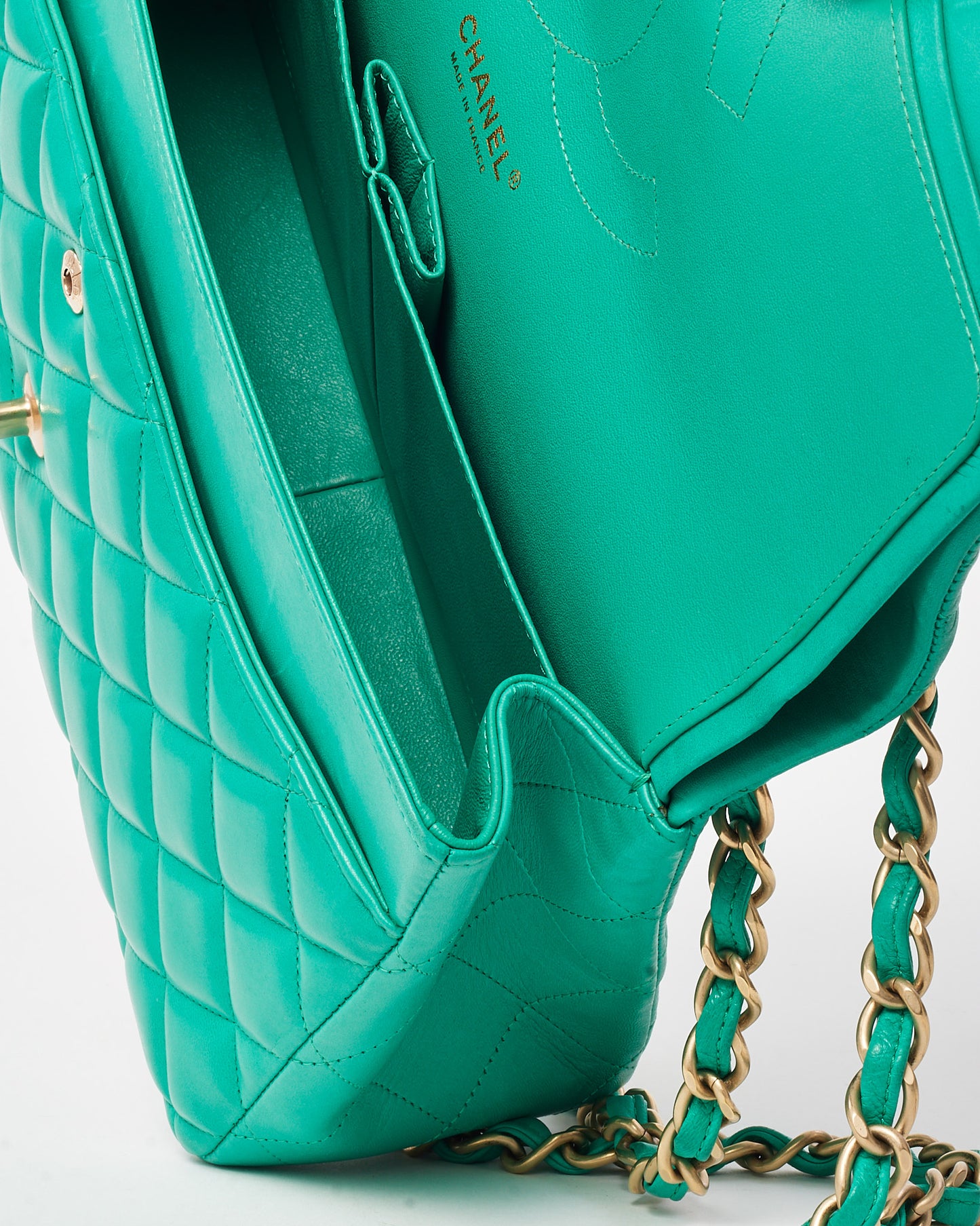 Chanel Turquoise Green Quilted Lambskin Leather Jumbo Double Flap Bag GHW