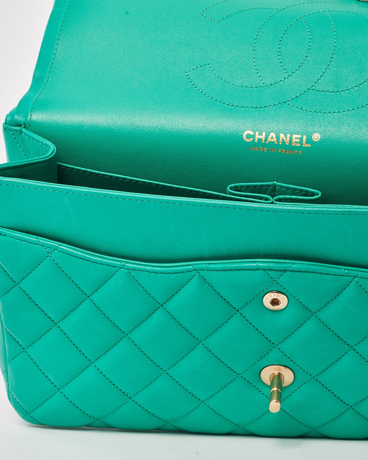 Chanel Turquoise Green Quilted Lambskin Leather Jumbo Double Flap Bag GHW