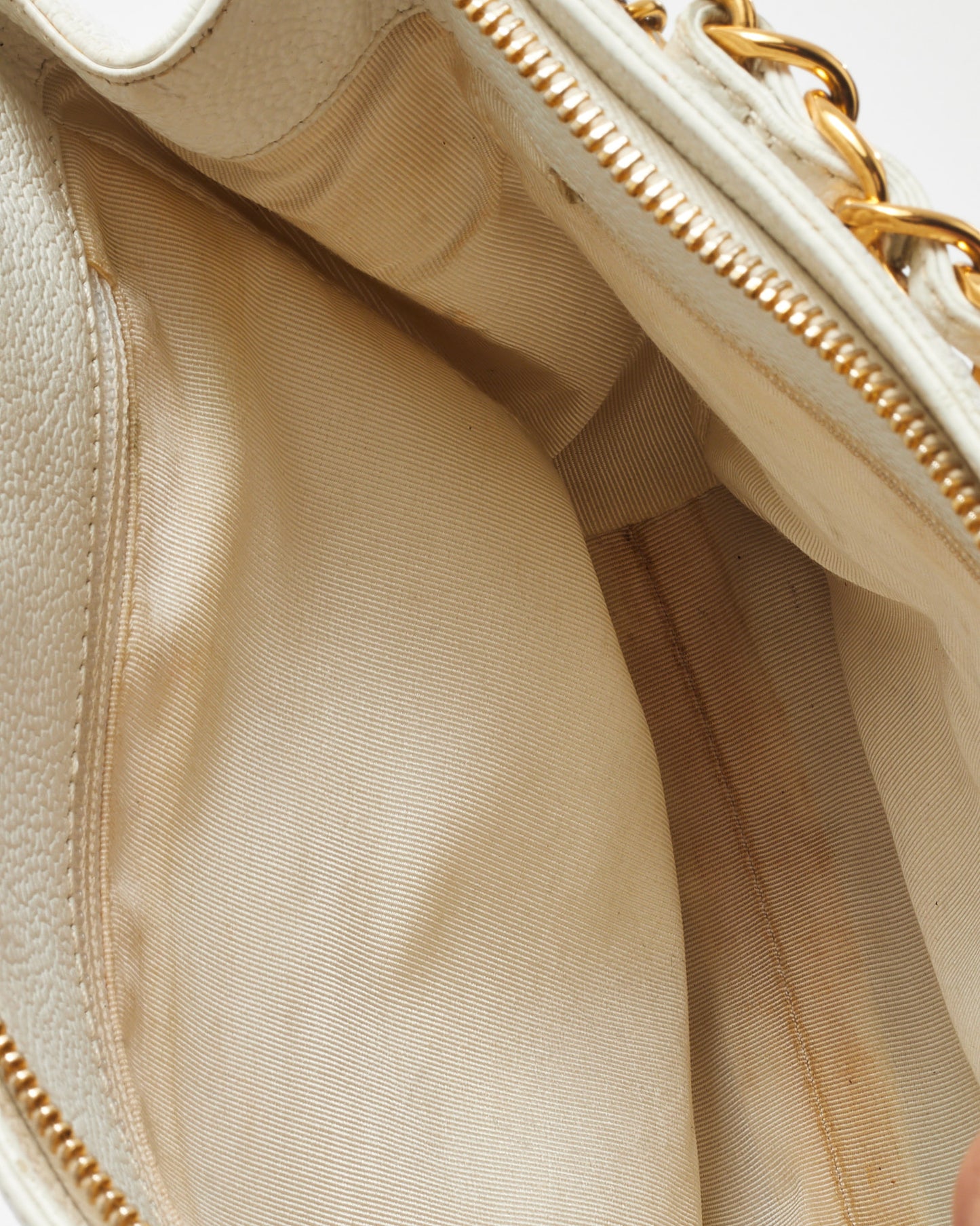 Chanel Vintage White Caviar Leather CHANEL Logo Chain Shoulder Bag