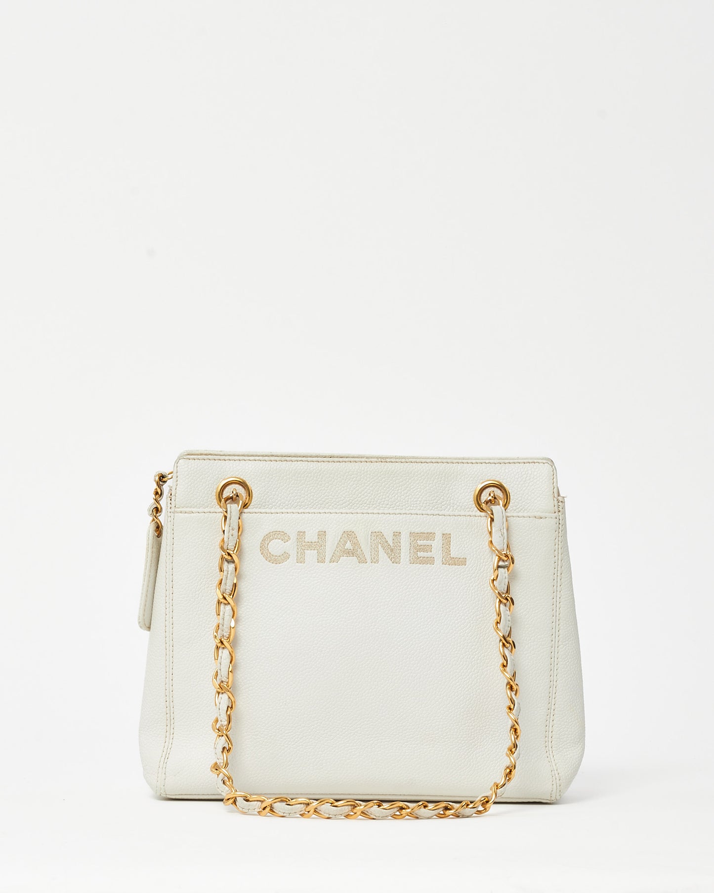 Chanel Vintage White Caviar Leather CHANEL Logo Chain Shoulder Bag
