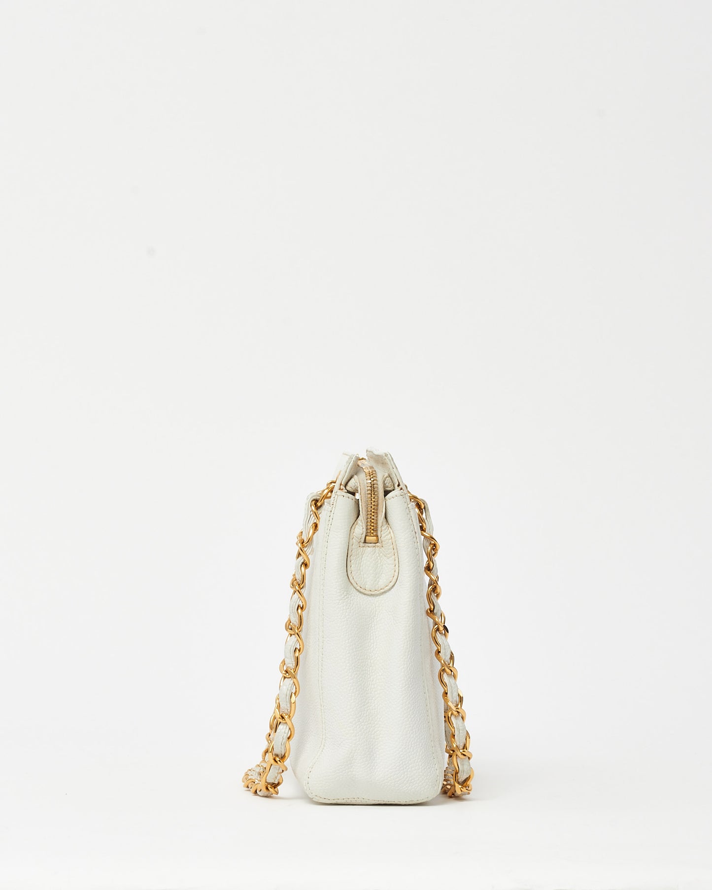 Chanel Vintage White Caviar Leather CHANEL Logo Chain Shoulder Bag