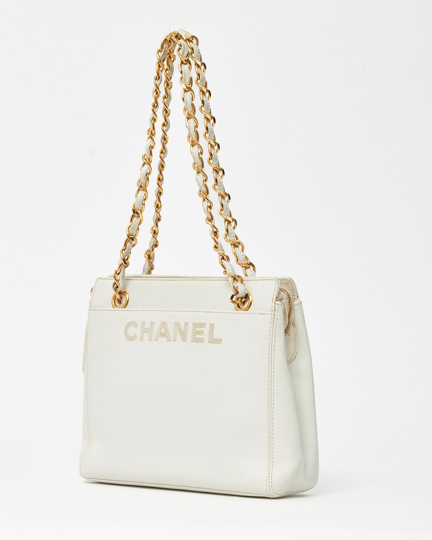 Chanel Vintage White Caviar Leather CHANEL Logo Chain Shoulder Bag