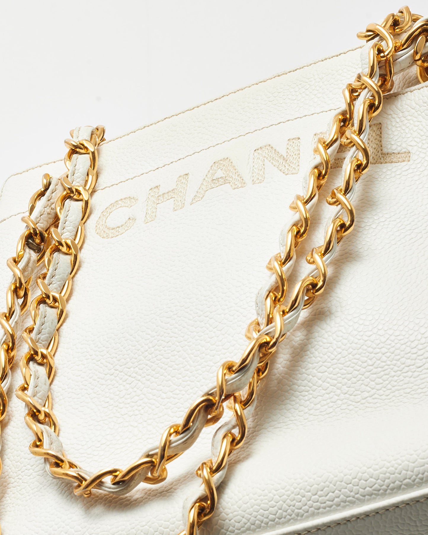 Chanel Vintage White Caviar Leather CHANEL Logo Chain Shoulder Bag