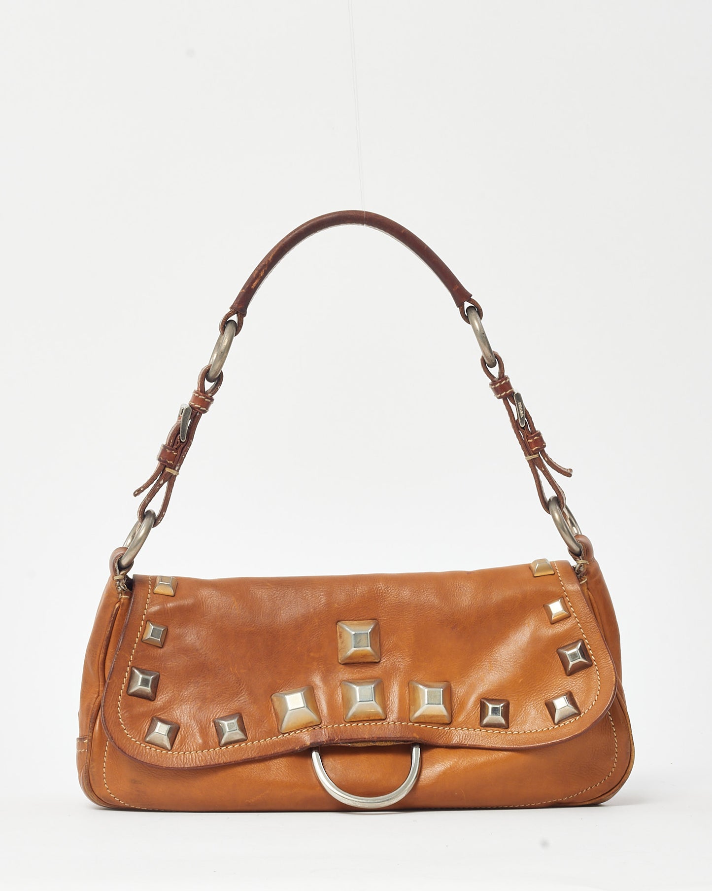 Prada Brown/Tan Leather Studded Shoulder Bag