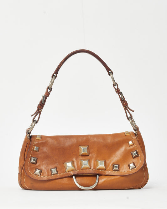 Prada Brown/Tan Leather Studded Shoulder Bag