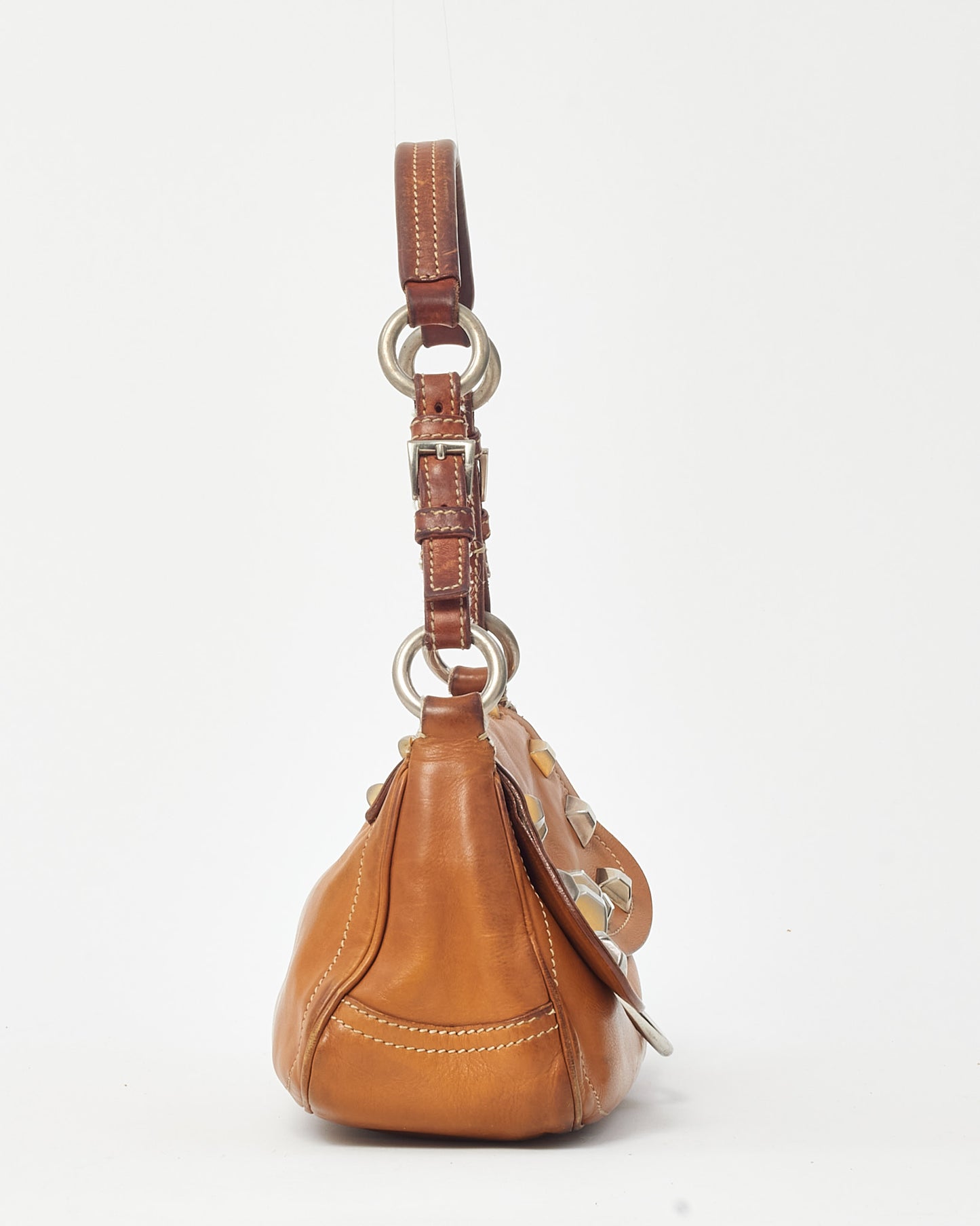 Prada Brown/Tan Leather Studded Shoulder Bag