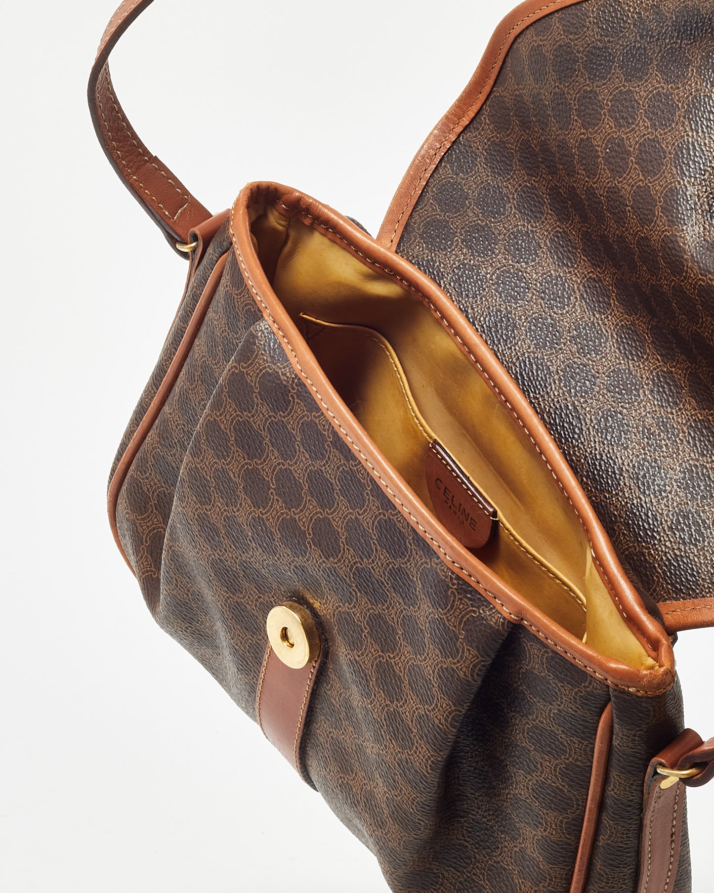 Celine Vintage Tan Leather Brown Macadam Logo Coated Canvas Crossbody Bag