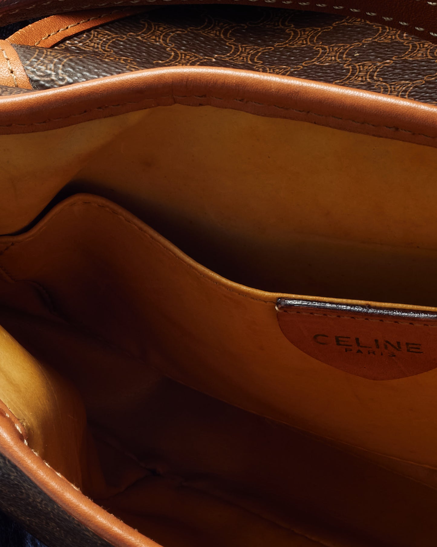 Celine Vintage Tan Leather Brown Macadam Logo Coated Canvas Crossbody Bag