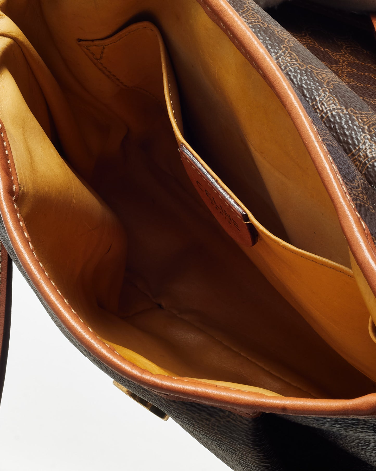 Celine Vintage Tan Leather Brown Macadam Logo Coated Canvas Crossbody Bag