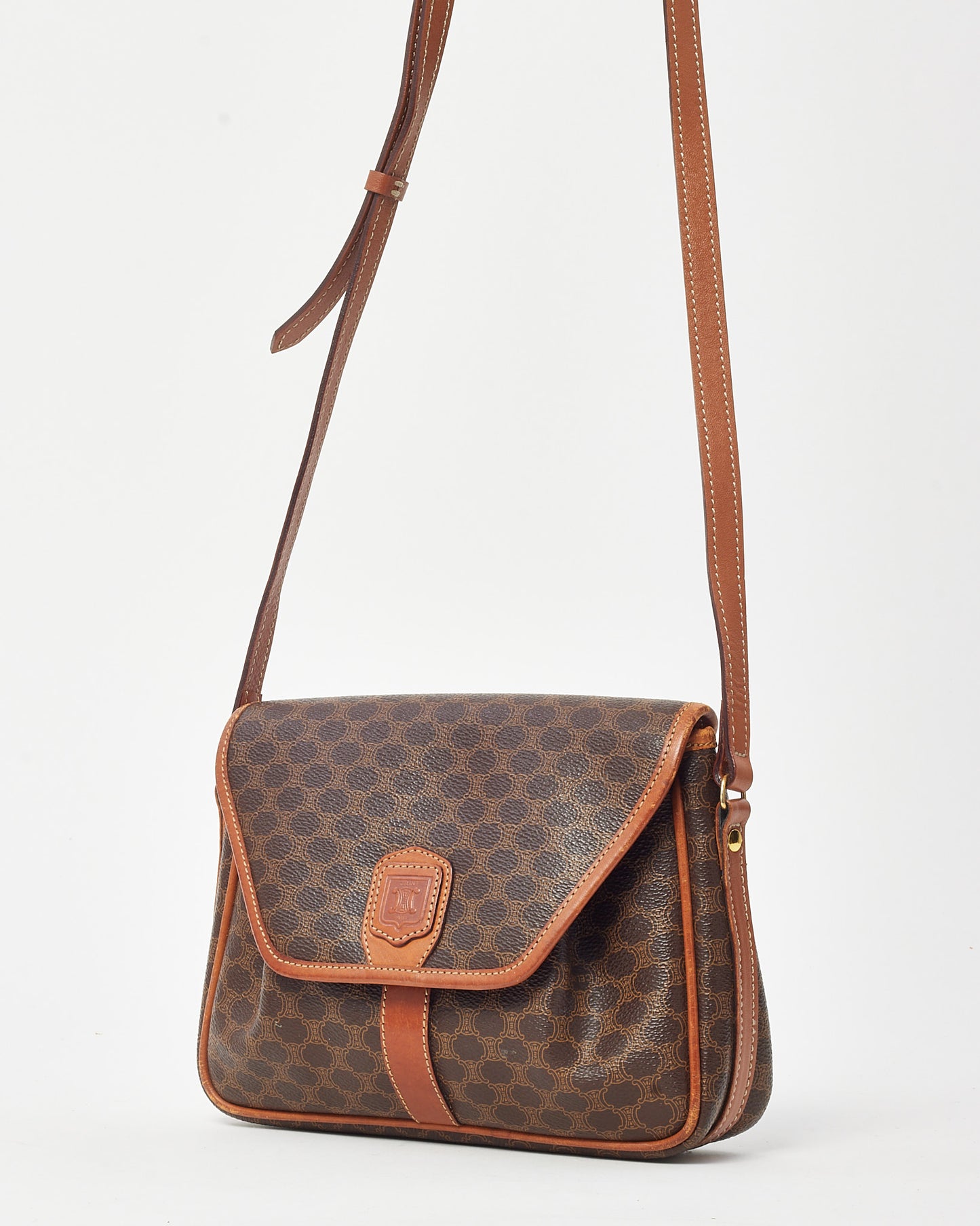 Celine Vintage Tan Leather Brown Macadam Logo Coated Canvas Crossbody Bag