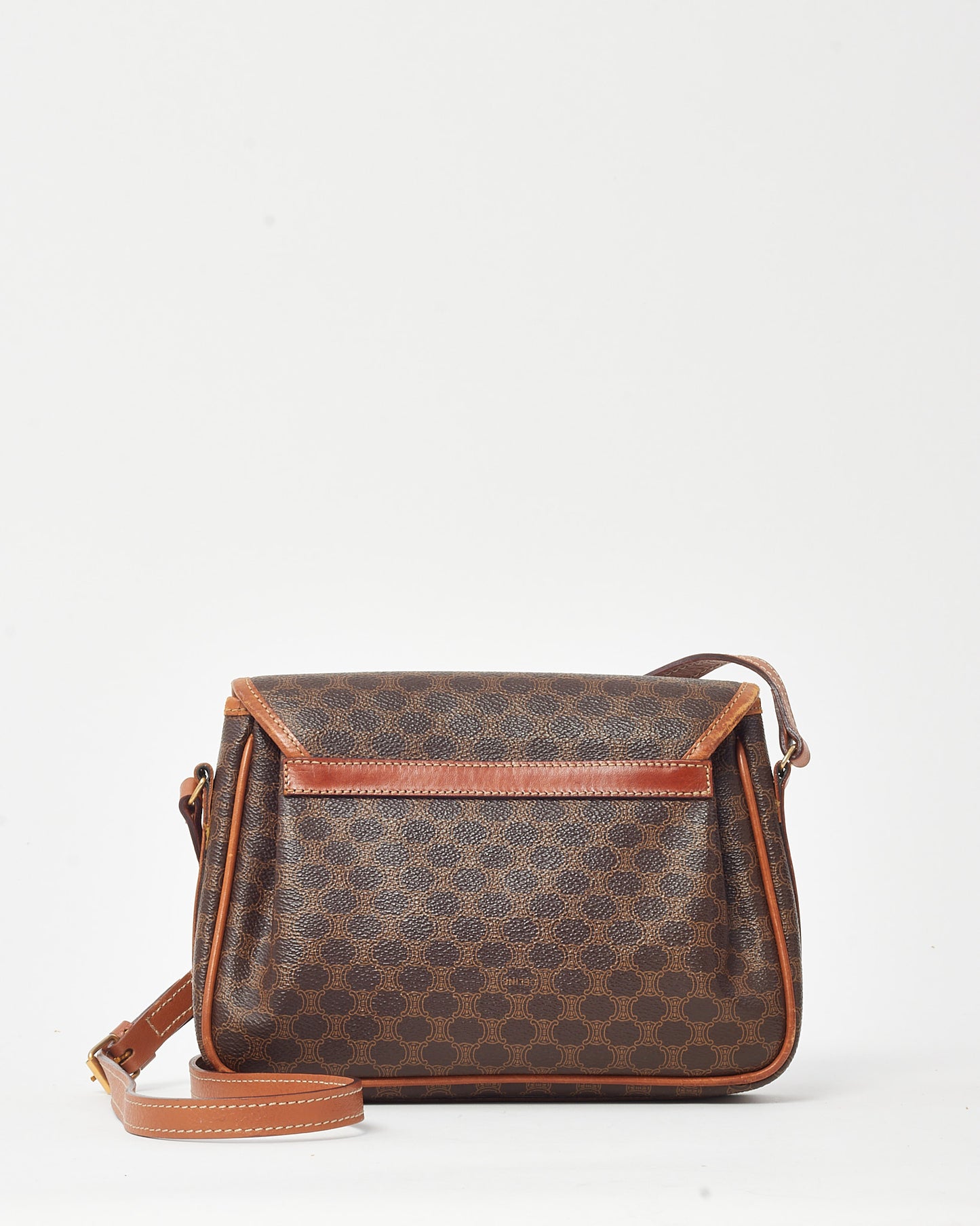 Celine Vintage Tan Leather Brown Macadam Logo Coated Canvas Crossbody Bag