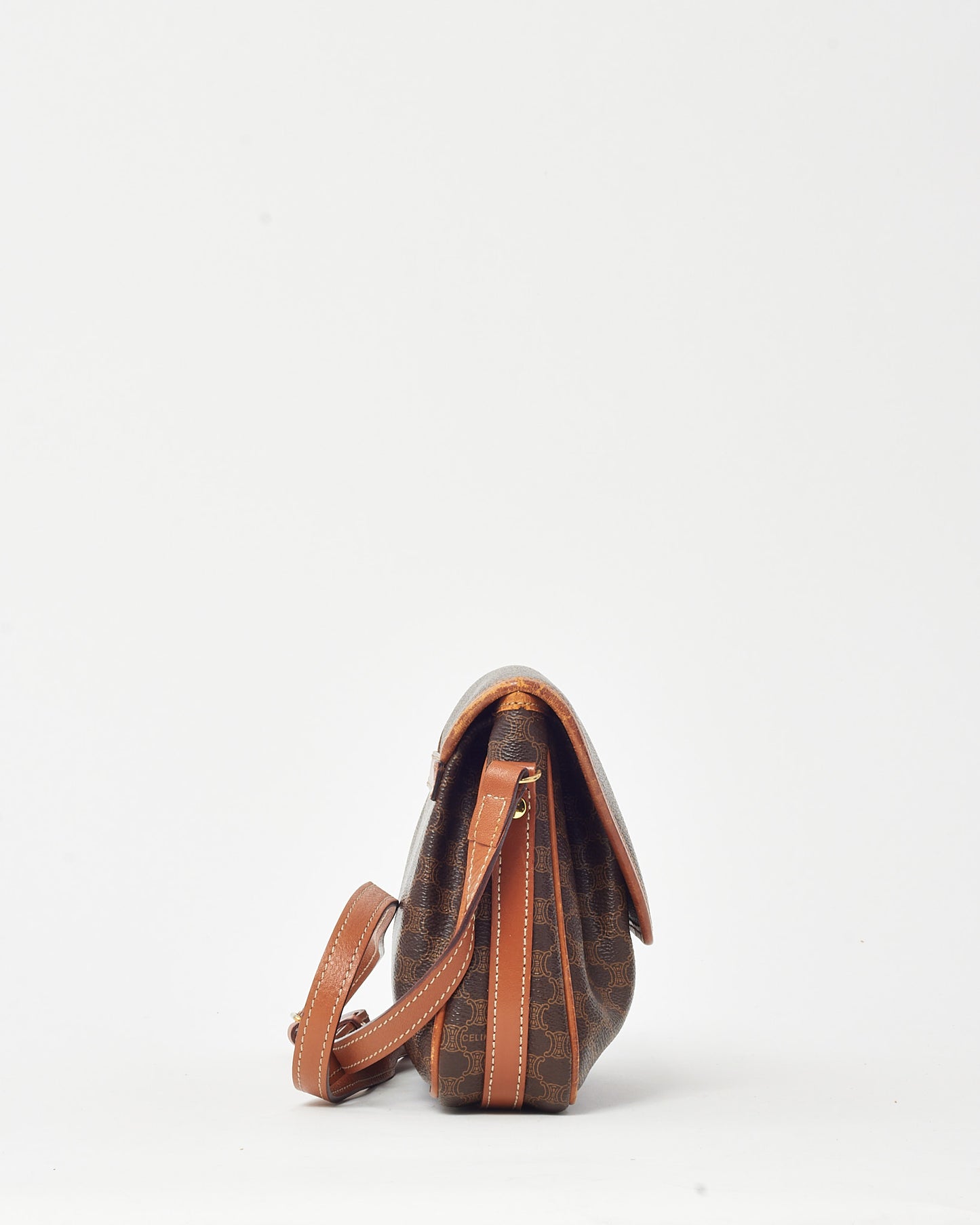 Celine Vintage Tan Leather Brown Macadam Logo Coated Canvas Crossbody Bag