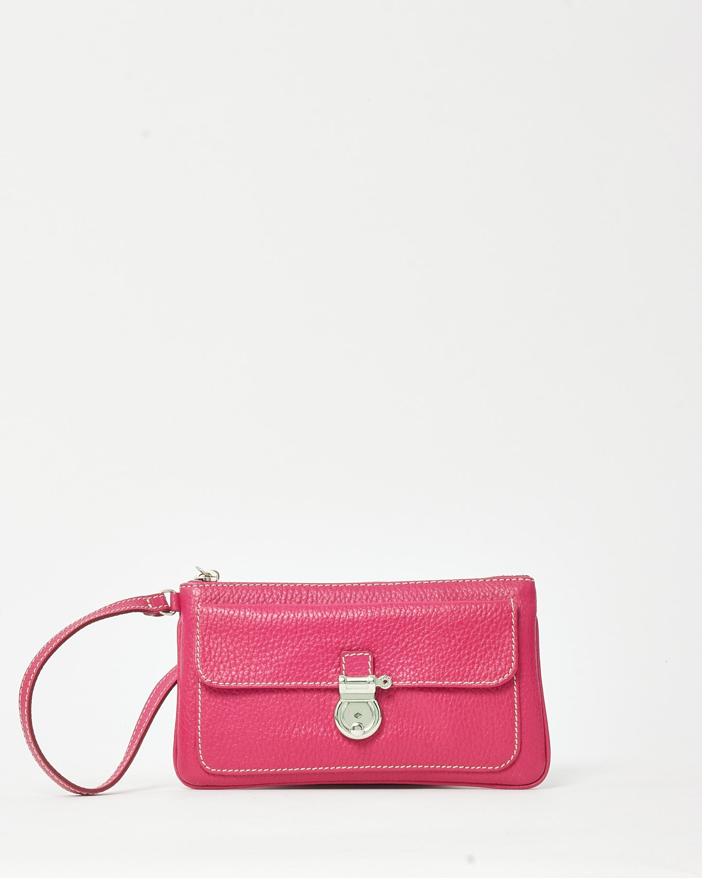Burberry Pink Grained Leather SHW Push Lock Clasp Wristlet Clutch