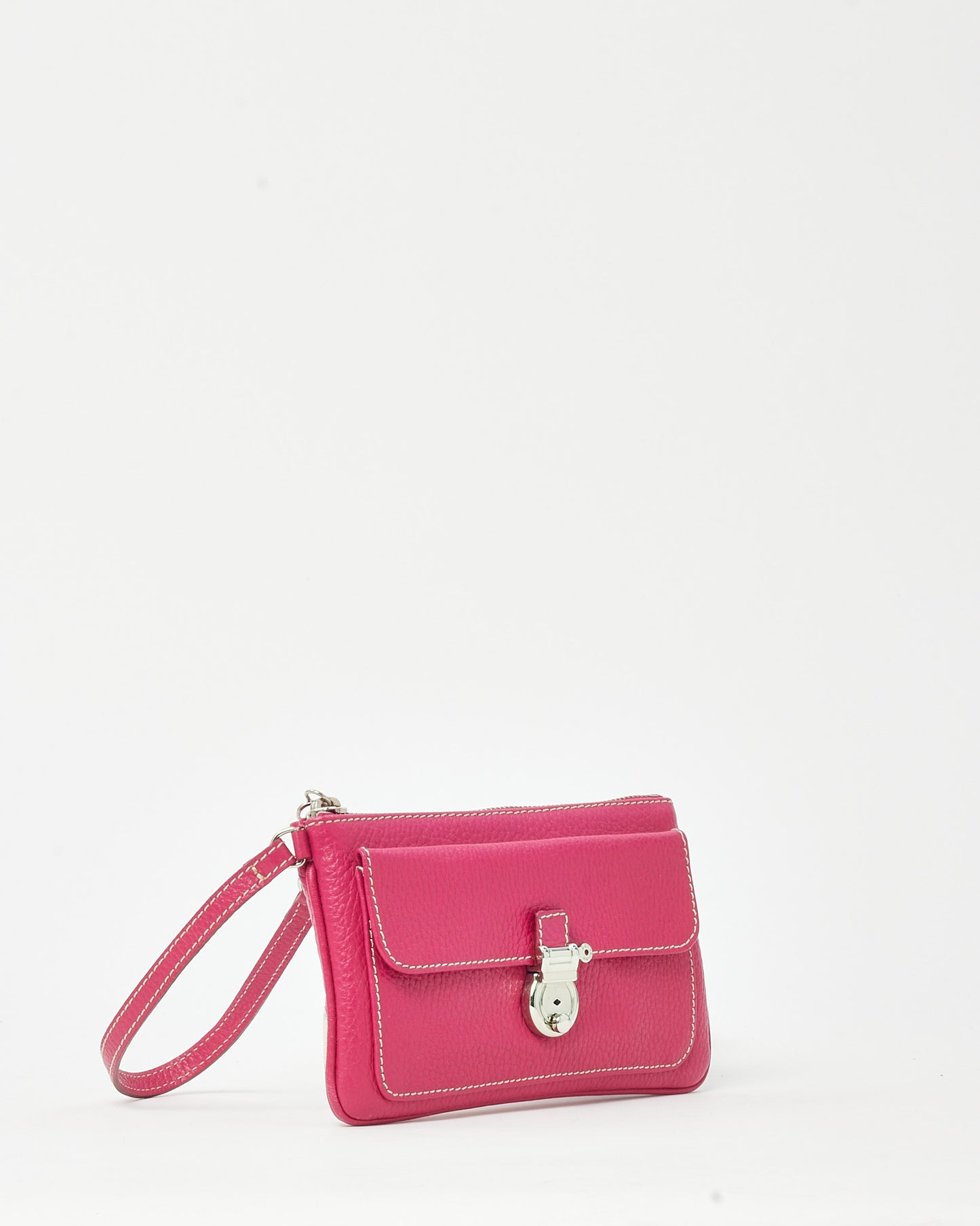 Burberry Pink Grained Leather SHW Push Lock Clasp Wristlet Clutch
