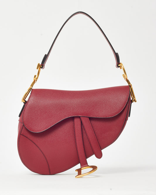Dior Dark Red Grained Calfskin Leather Medium Saddle Bag GHW