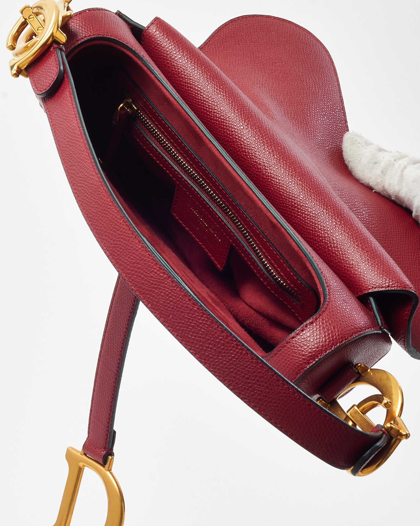 Dior Dark Red Grained Calfskin Leather Medium Saddle Bag GHW