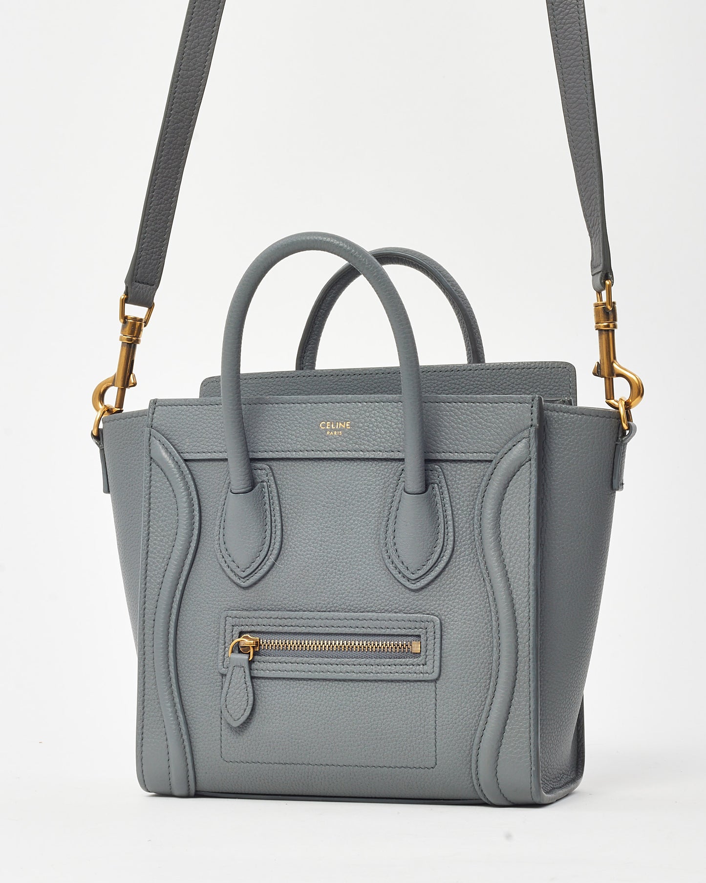 Celine Grey Drummed Leather Nano Luggage Bag with Strap