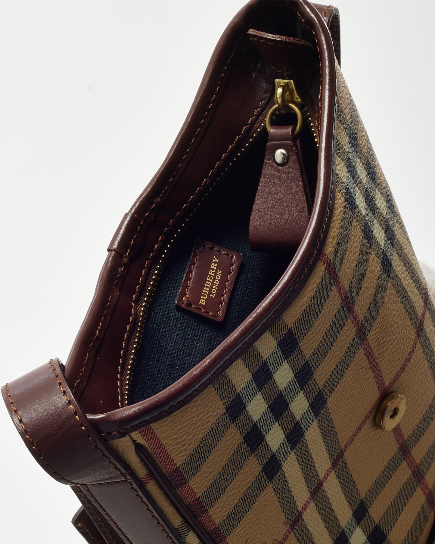 Burberry Brown Leather and Beige Haymarket Check Coated Canvas Studded Crossbody Bag