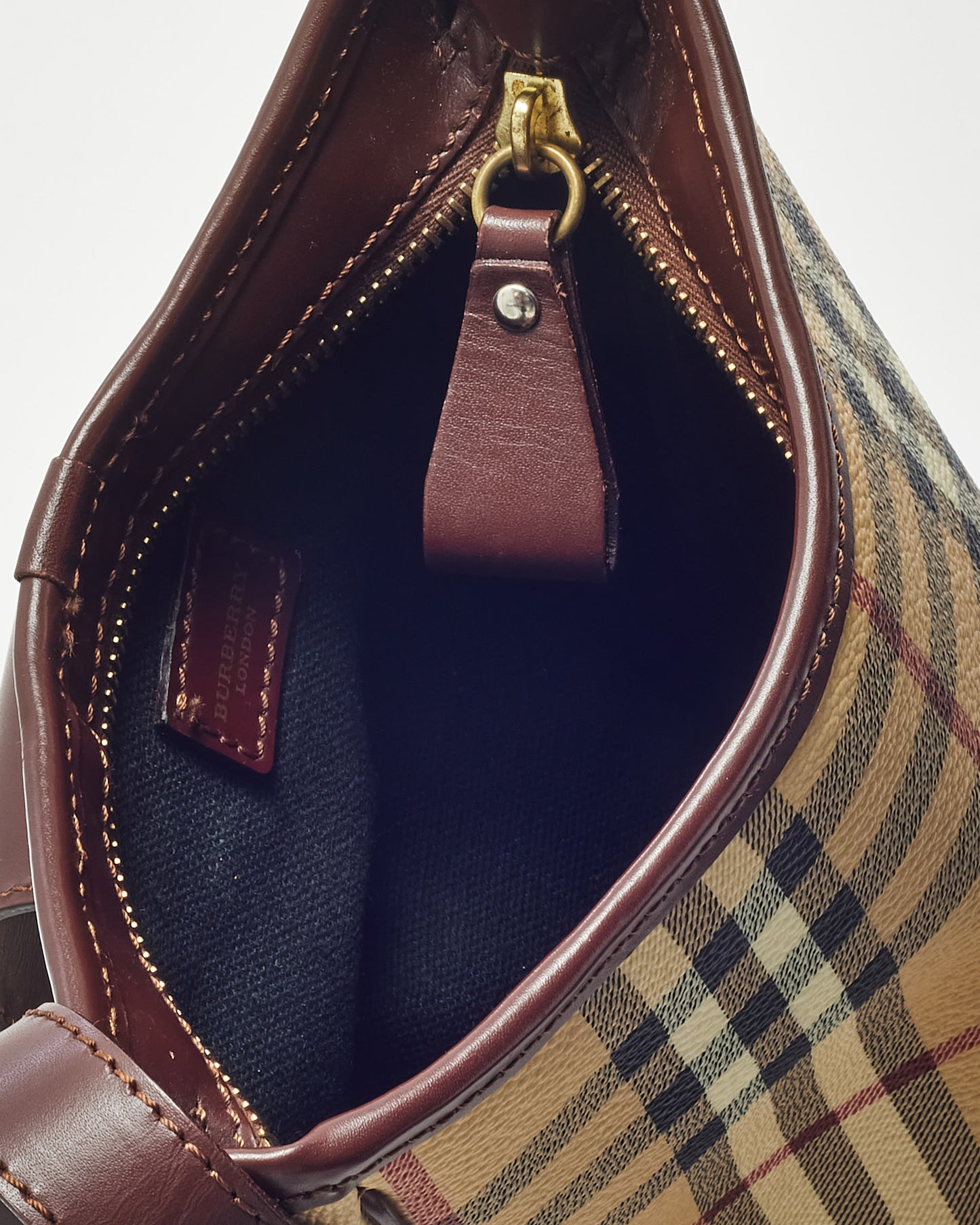 Burberry Brown Leather and Beige Haymarket Check Coated Canvas Studded Crossbody Bag