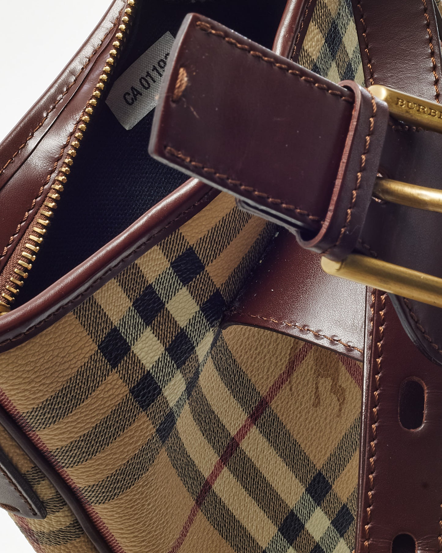 Burberry Brown Leather and Beige Haymarket Check Coated Canvas Studded Crossbody Bag