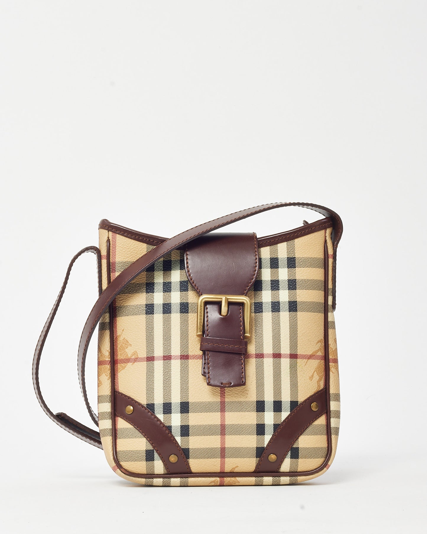 Burberry Brown Leather and Beige Haymarket Check Coated Canvas Studded Crossbody Bag