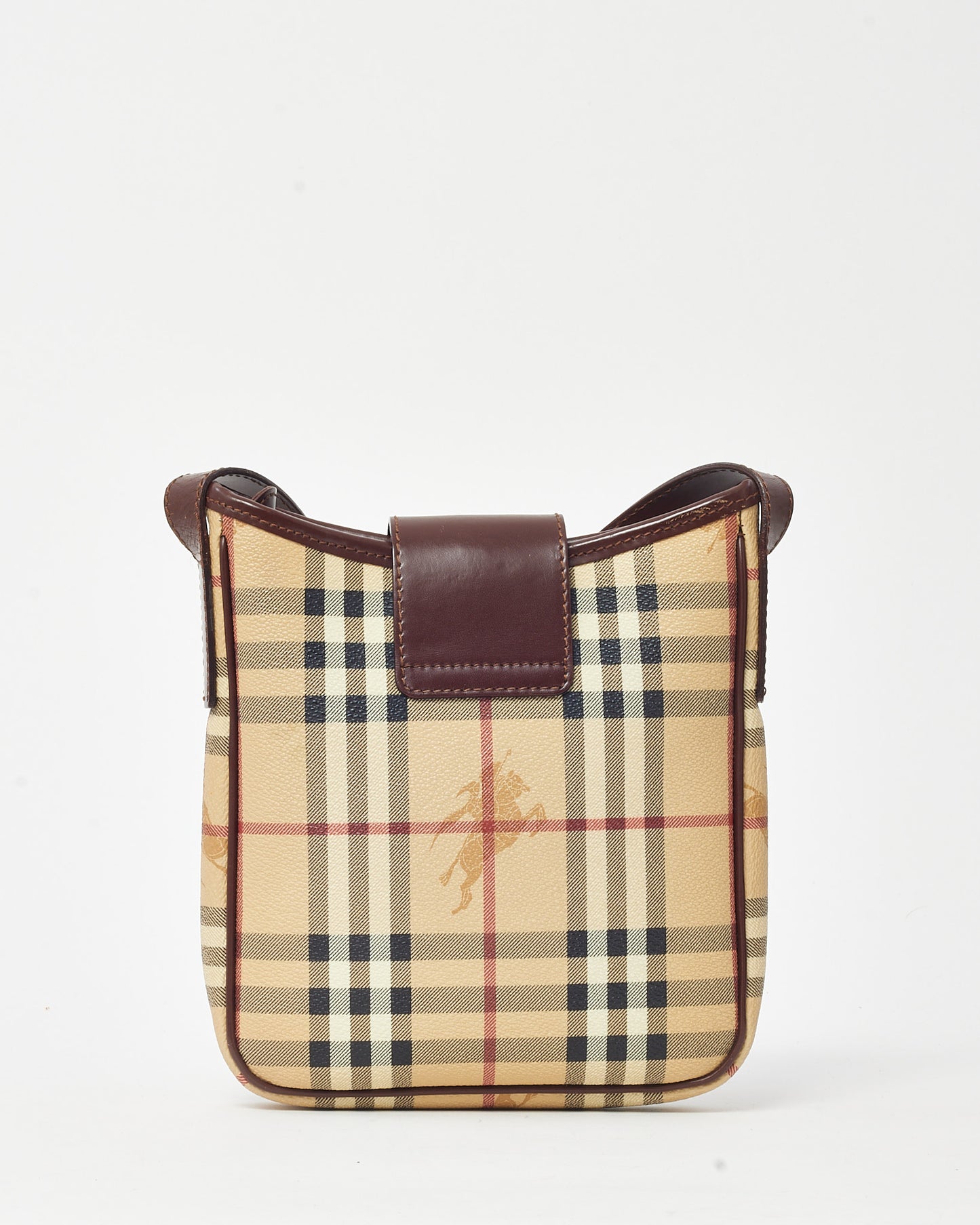 Burberry Brown Leather and Beige Haymarket Check Coated Canvas Studded Crossbody Bag