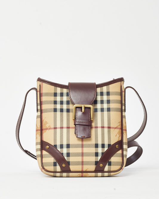 Burberry Brown Leather and Beige Haymarket Check Coated Canvas Studded Crossbody Bag