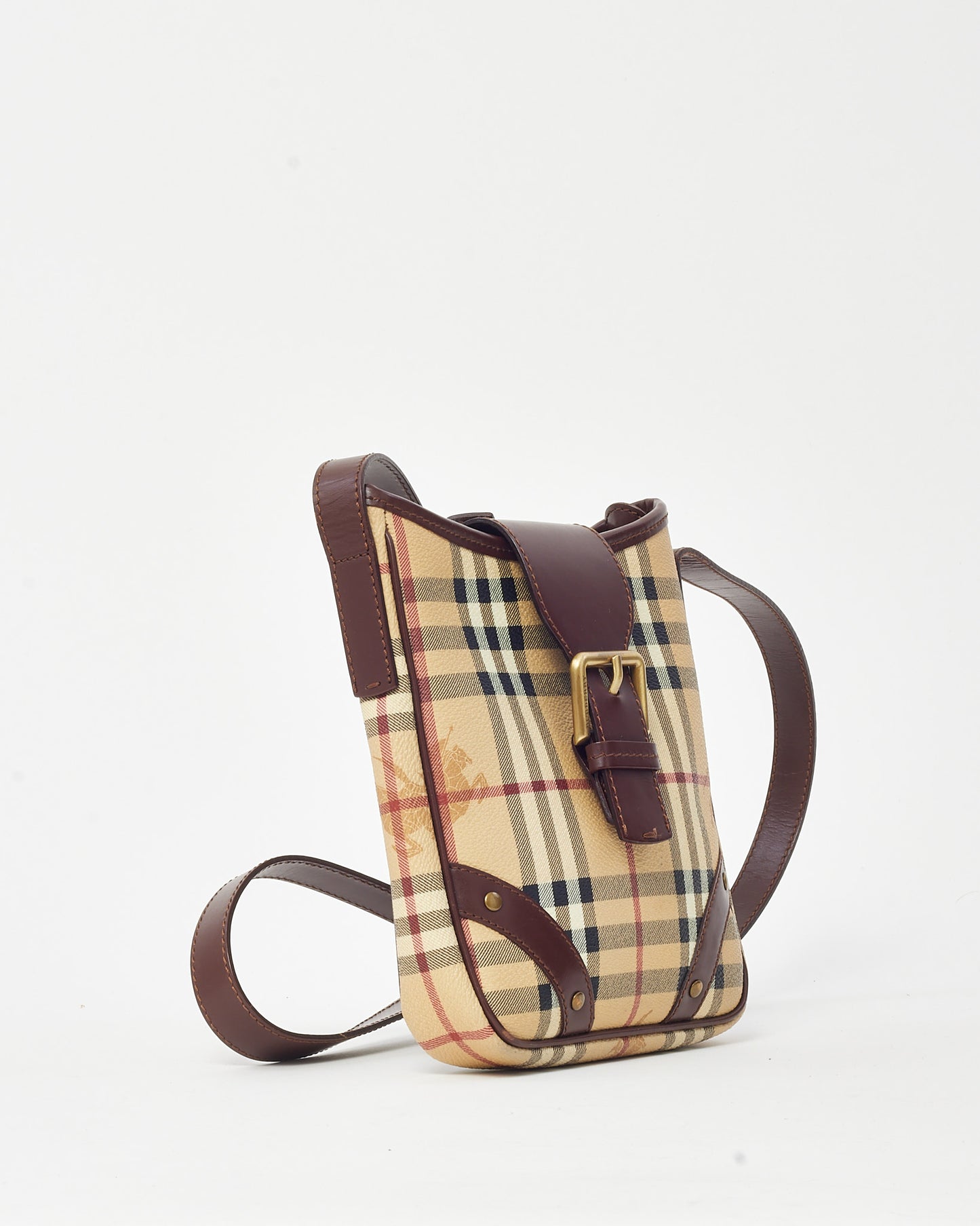 Burberry Brown Leather and Beige Haymarket Check Coated Canvas Studded Crossbody Bag