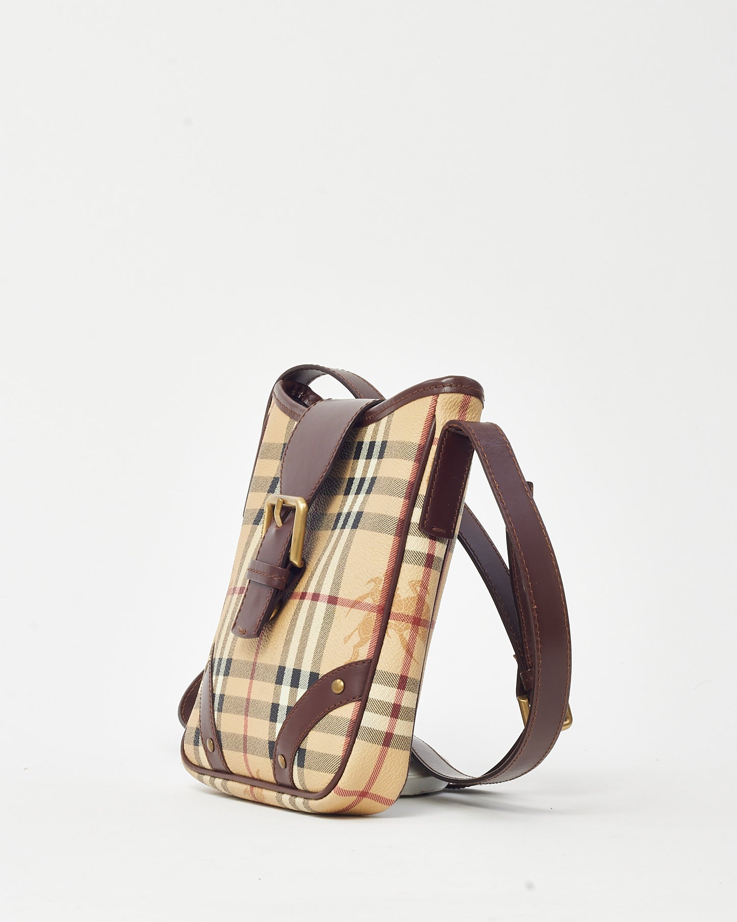 Burberry Brown Leather and Beige Haymarket Check Coated Canvas Studded Crossbody Bag