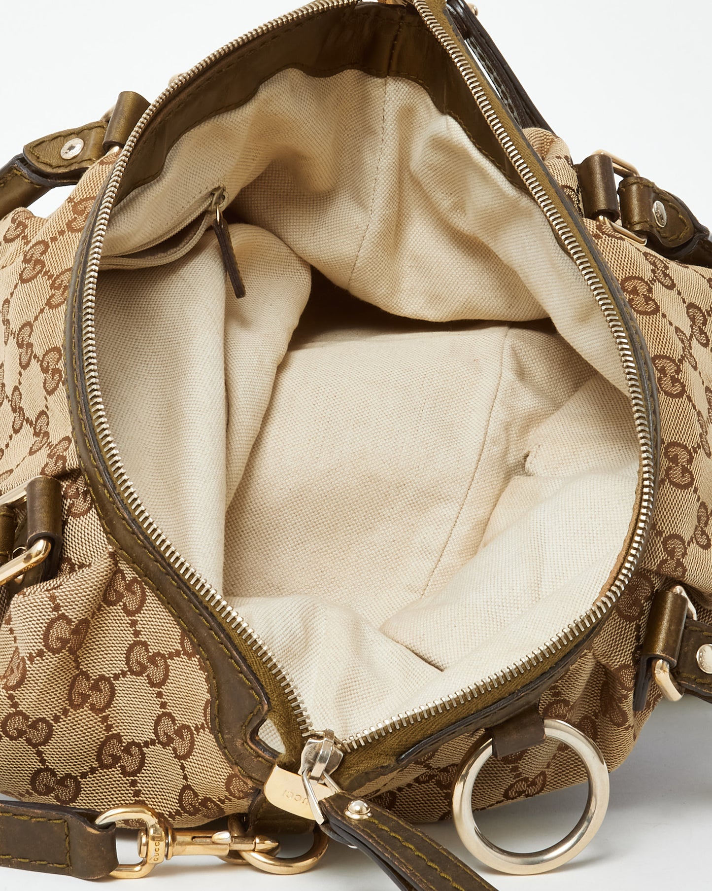 Gucci Khaki Metallic Leather & Beige and Brown GG Monogram Canvas Sukey 2Way Tote with Strap