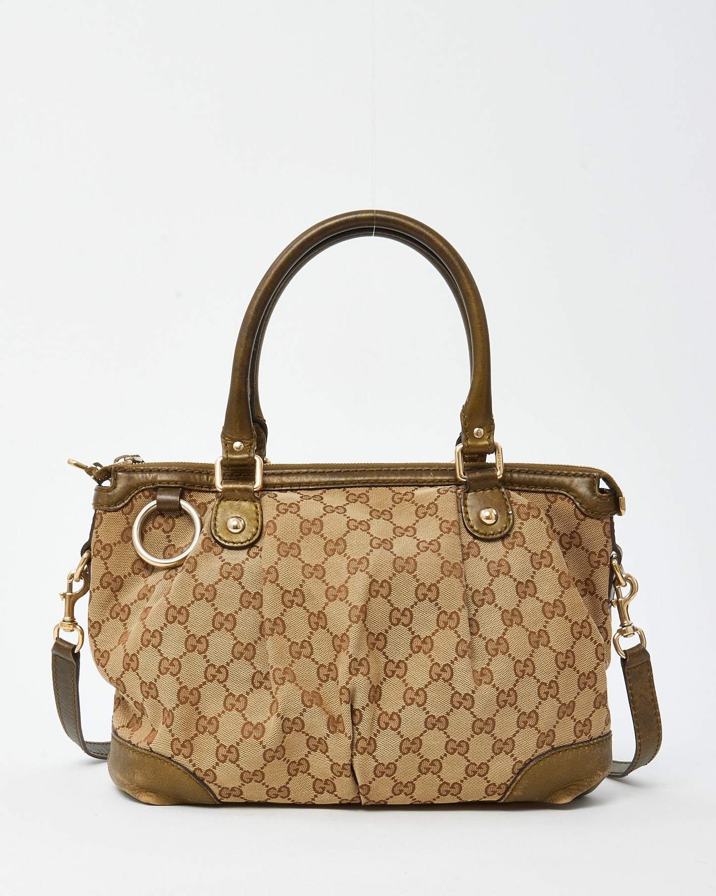 Gucci Khaki Metallic Leather & Beige and Brown GG Monogram Canvas Sukey 2Way Tote with Strap