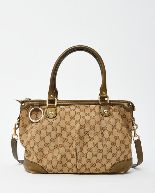 Gucci Khaki Metallic Leather & Beige and Brown GG Monogram Canvas Sukey 2Way Tote with Strap