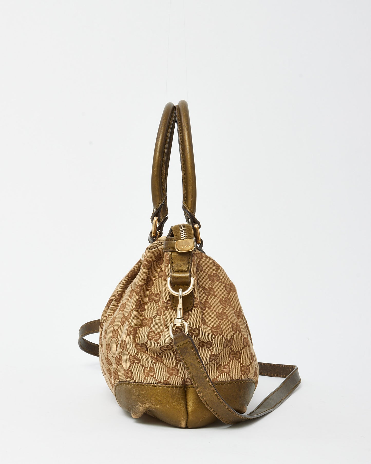 Gucci Khaki Metallic Leather & Beige and Brown GG Monogram Canvas Sukey 2Way Tote with Strap