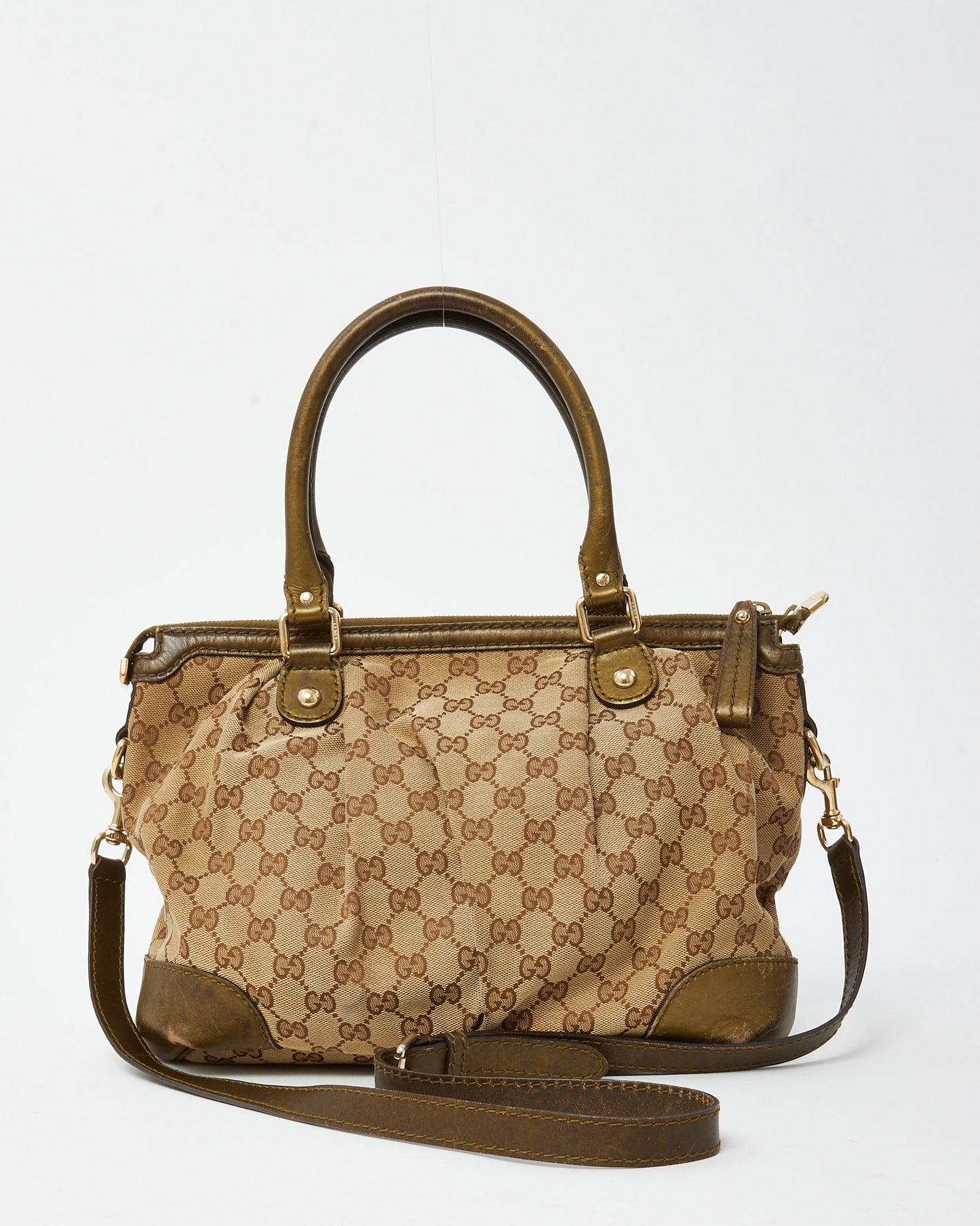 Gucci Khaki Metallic Leather & Beige and Brown GG Monogram Canvas Sukey 2Way Tote with Strap