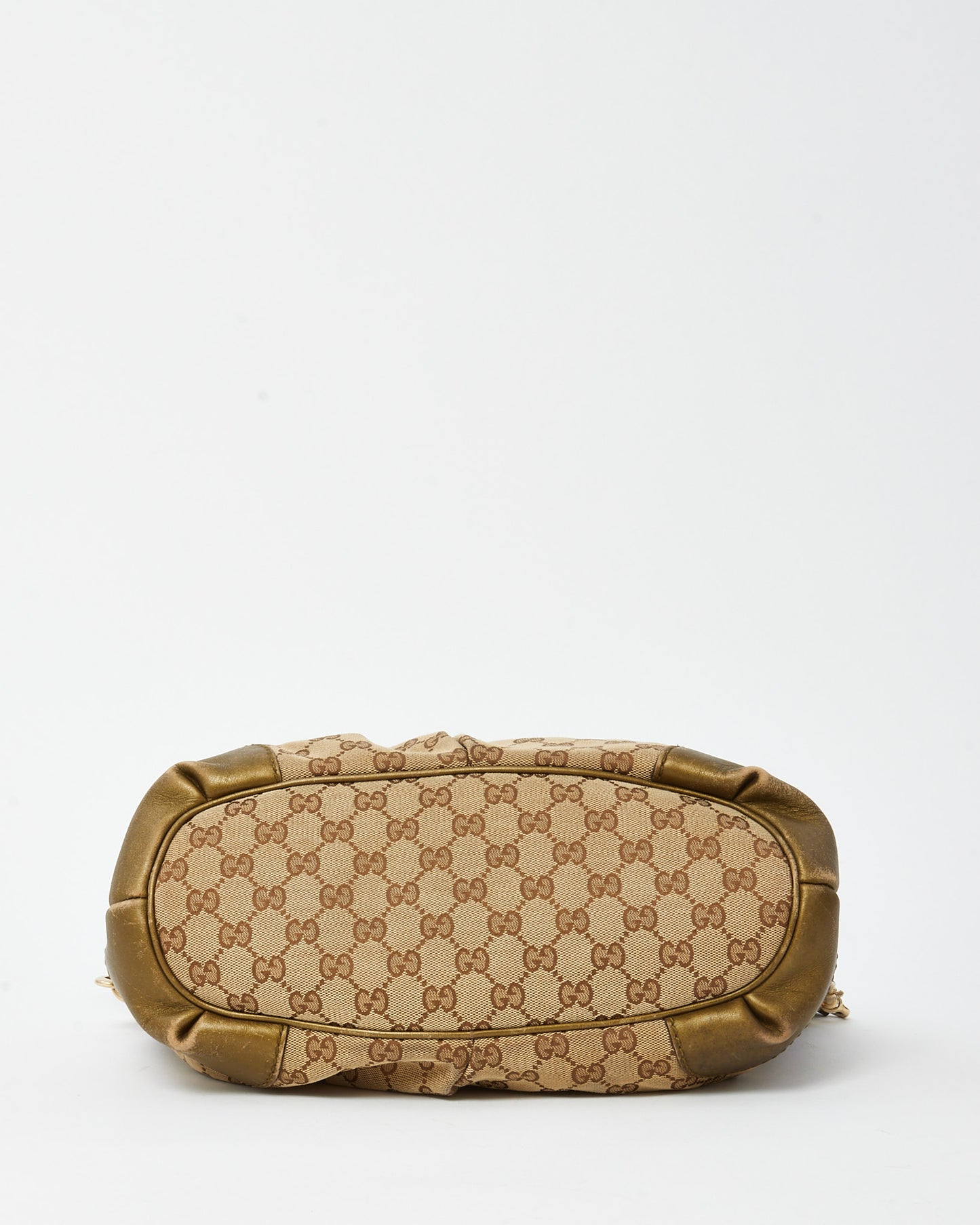 Gucci Khaki Metallic Leather & Beige and Brown GG Monogram Canvas Sukey 2Way Tote with Strap