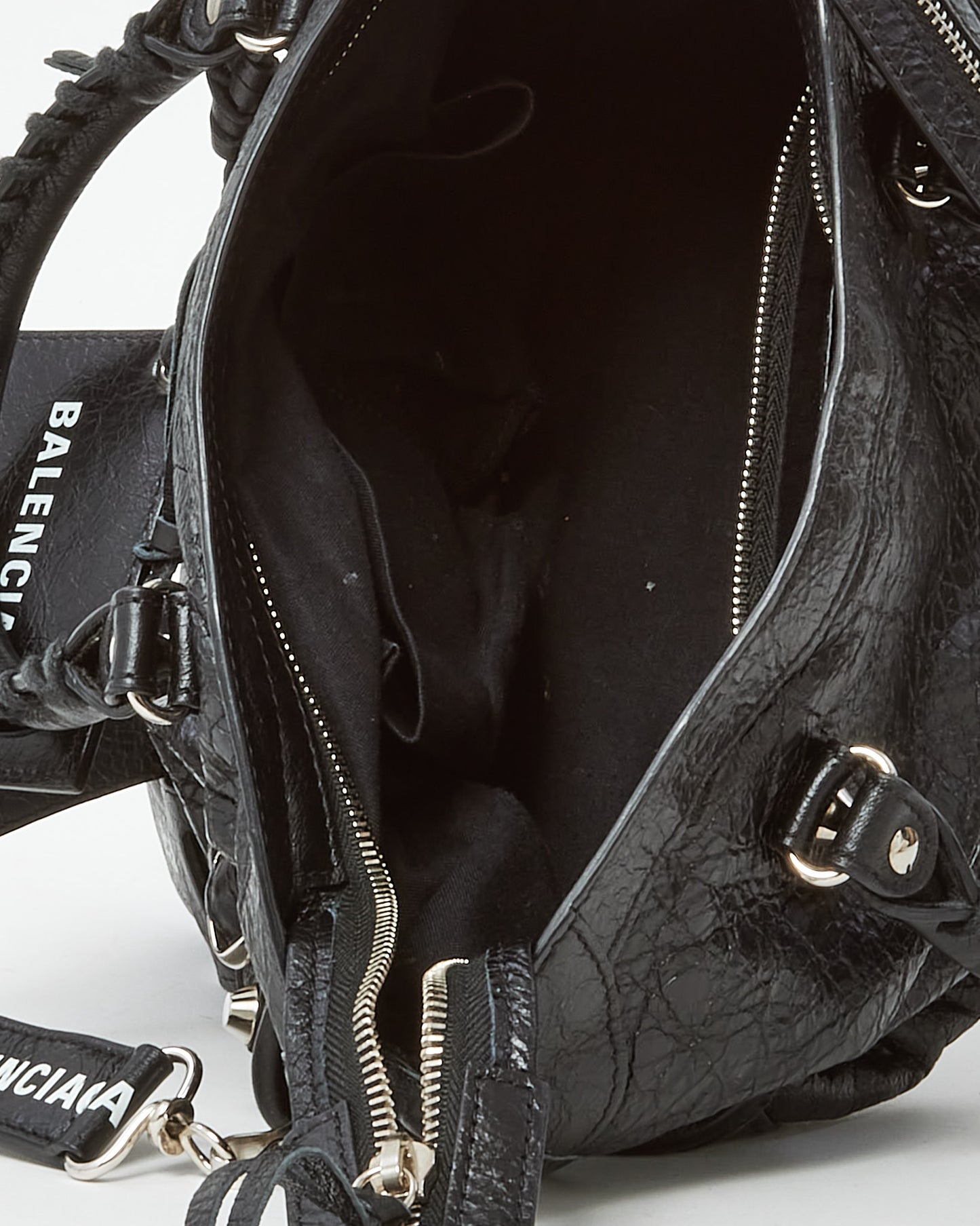 Balenciaga Black Arena Lambskin Leather Small Motorcycle City Bag with Logo Strap