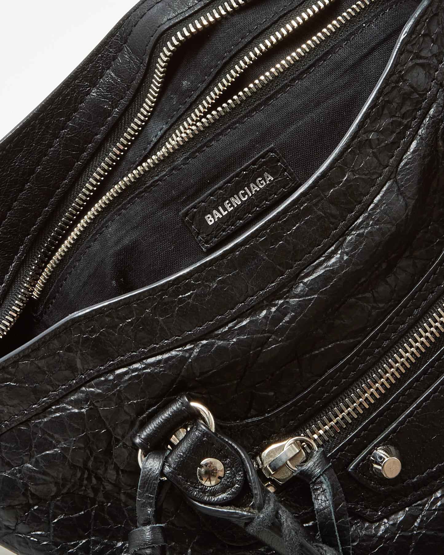 Balenciaga Black Arena Lambskin Leather Small Motorcycle City Bag with Logo Strap