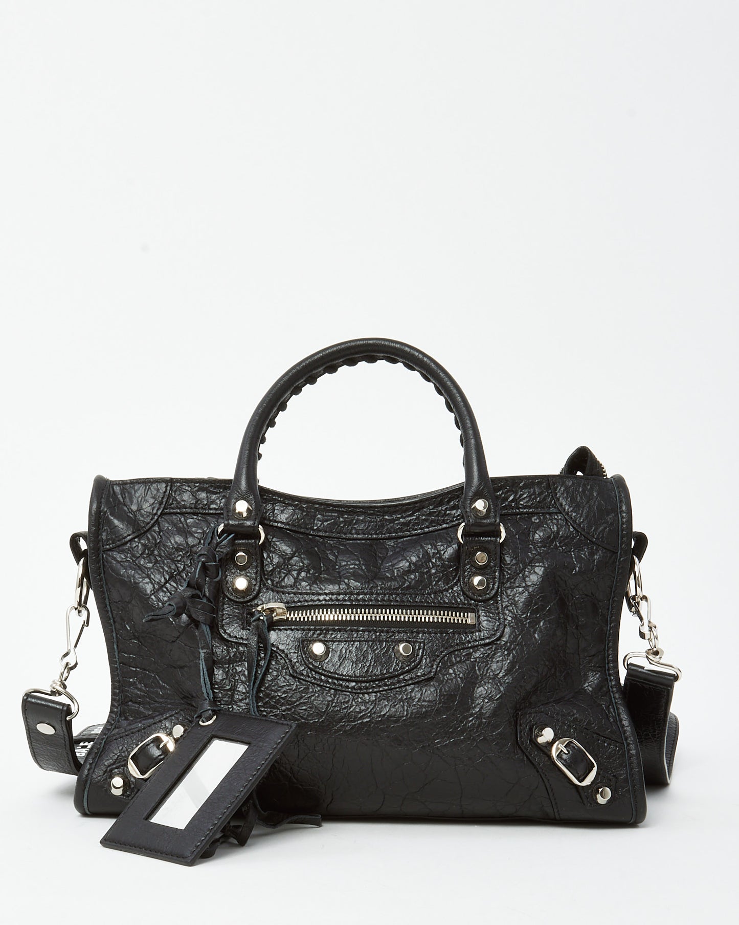 Balenciaga Black Arena Lambskin Leather Small Motorcycle City Bag with Logo Strap