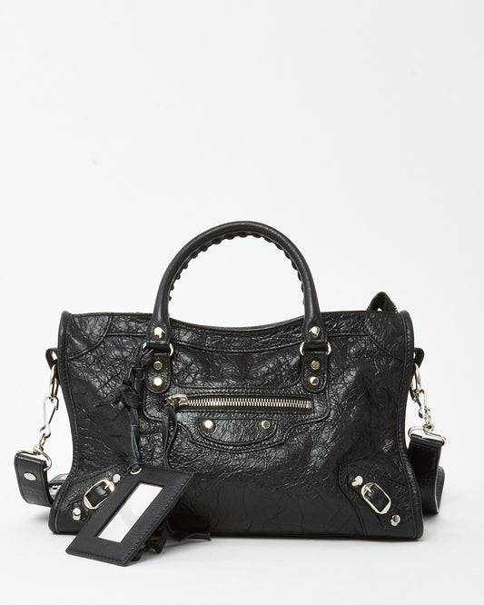 Balenciaga Black Arena Lambskin Leather Small Motorcycle City Bag with Logo Strap