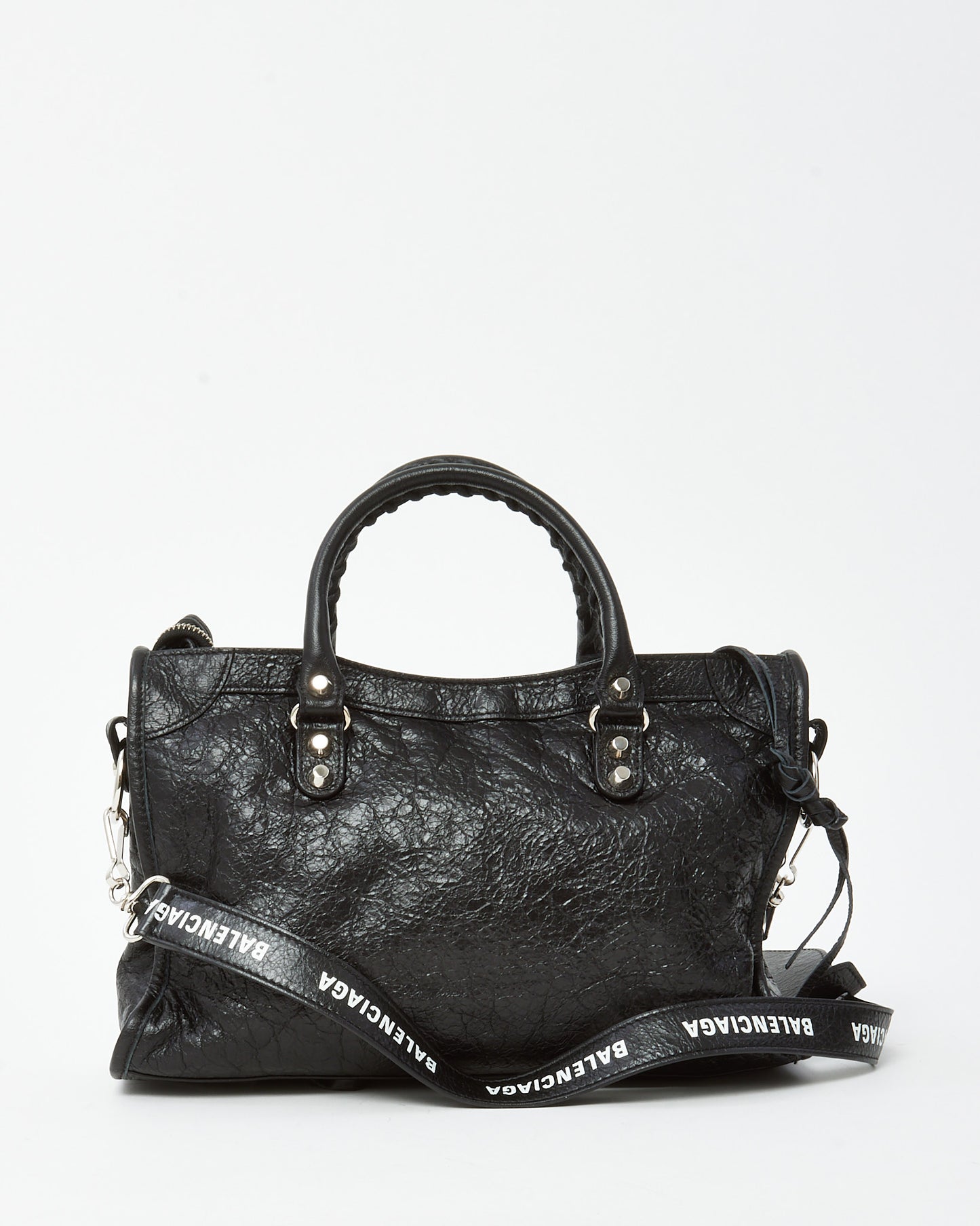 Balenciaga Black Arena Lambskin Leather Small Motorcycle City Bag with Logo Strap