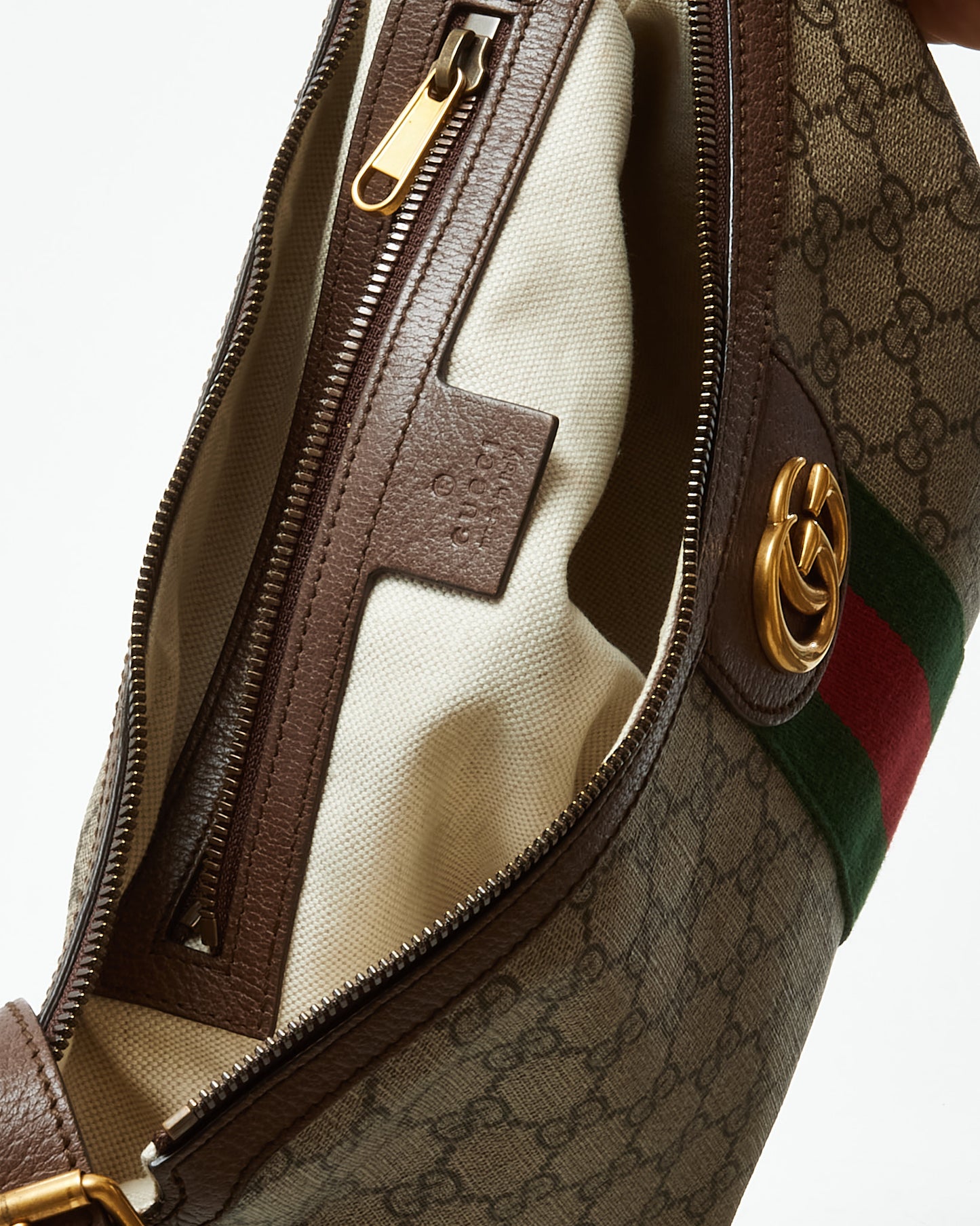 Gucci Beige and Beige Monogram GG Supreme Canvas Small Web Ophidia Half Moon Hobo Bag