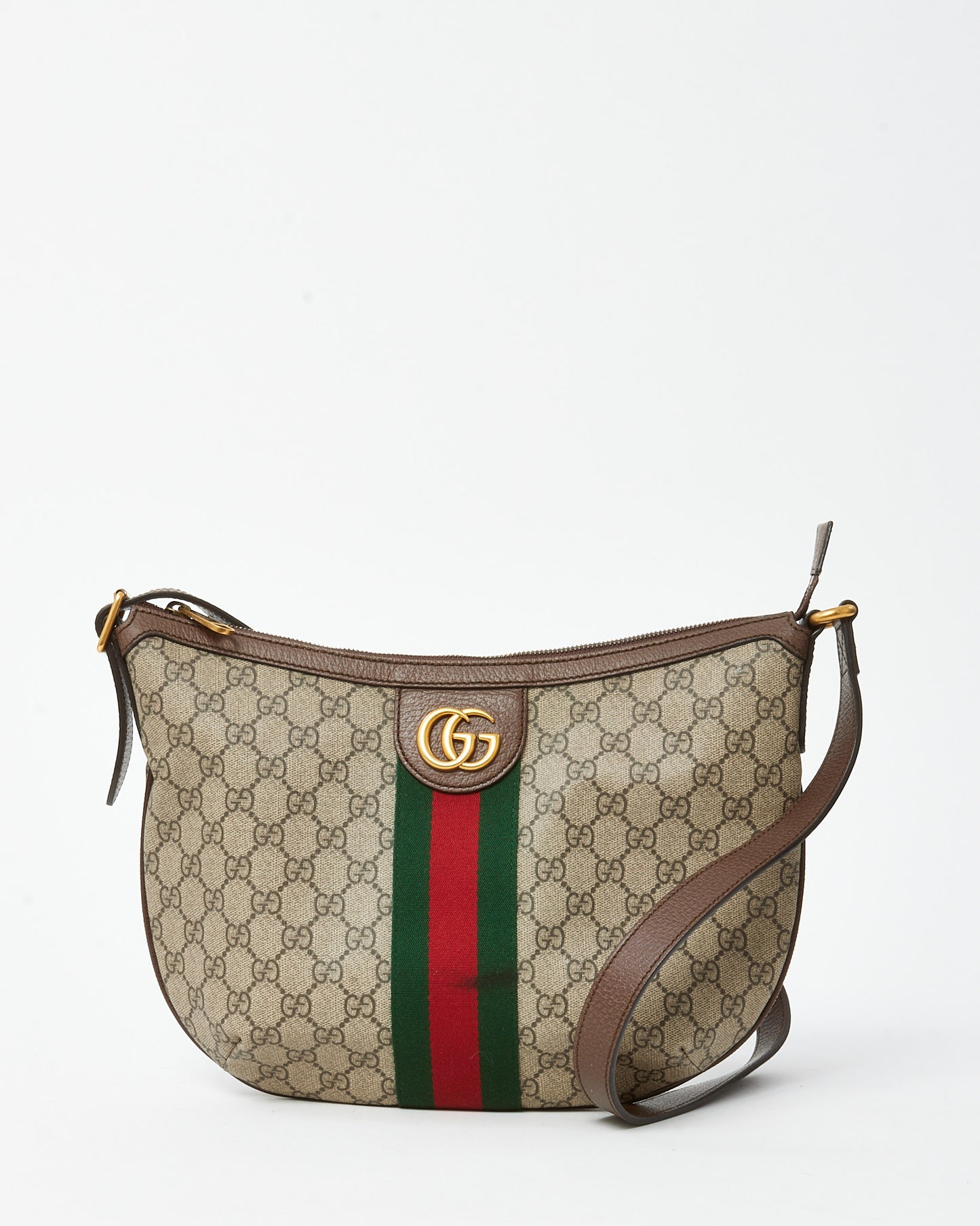Gucci Beige and Beige Monogram GG Supreme Canvas Small Web Ophidia Half Moon Hobo Bag