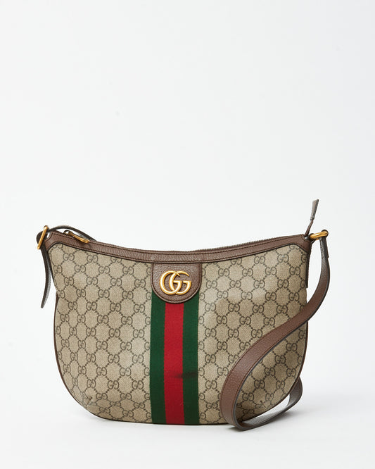 Gucci Beige and Beige Monogram GG Supreme Canvas Small Web Ophidia Half Moon Hobo Bag