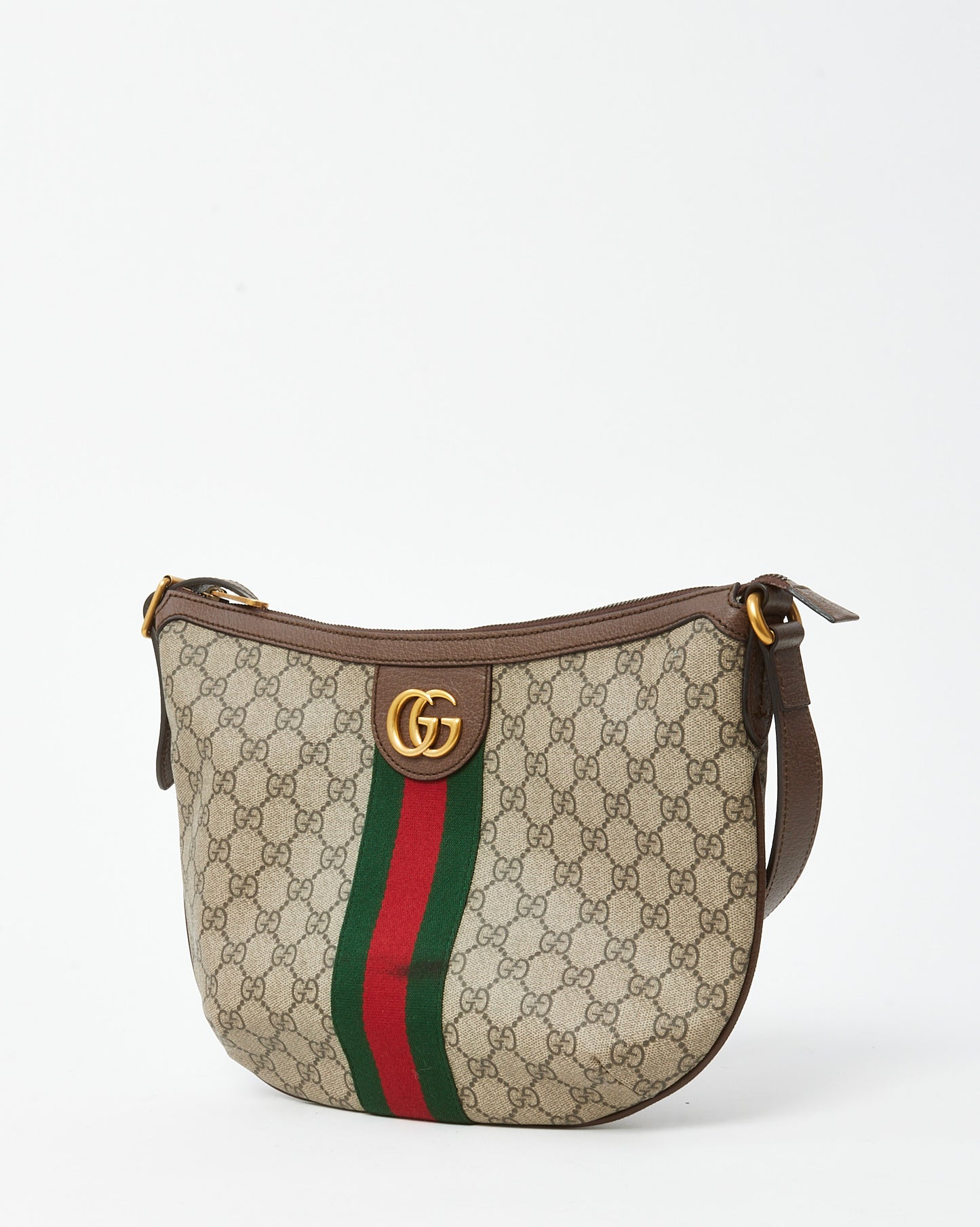Gucci Beige and Beige Monogram GG Supreme Canvas Small Web Ophidia Half Moon Hobo Bag
