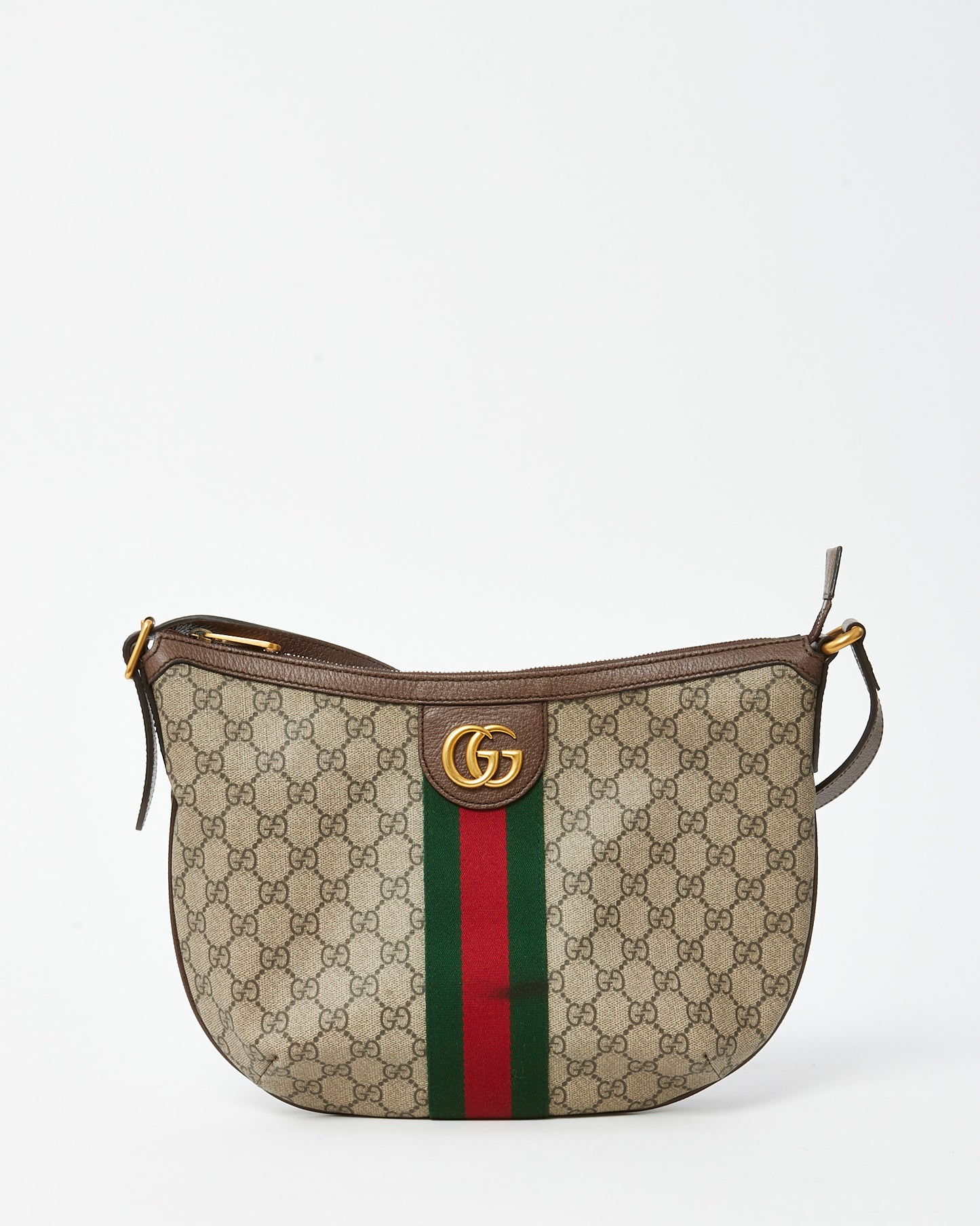 Gucci Beige and Beige Monogram GG Supreme Canvas Small Web Ophidia Half Moon Hobo Bag